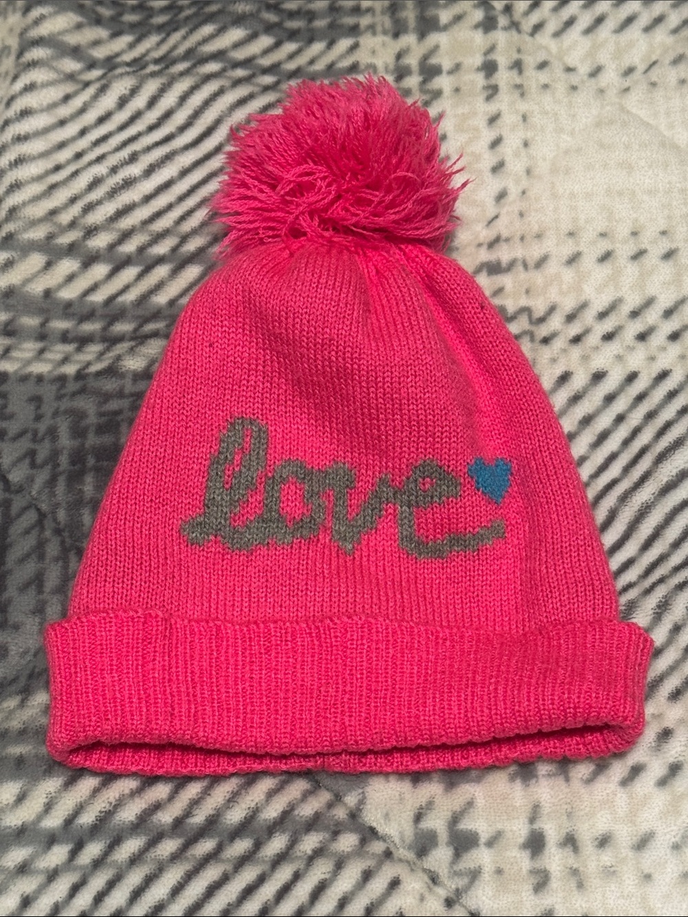 Kids Pom-Pom Beanie Hat - Hot Pink 'Love' Design